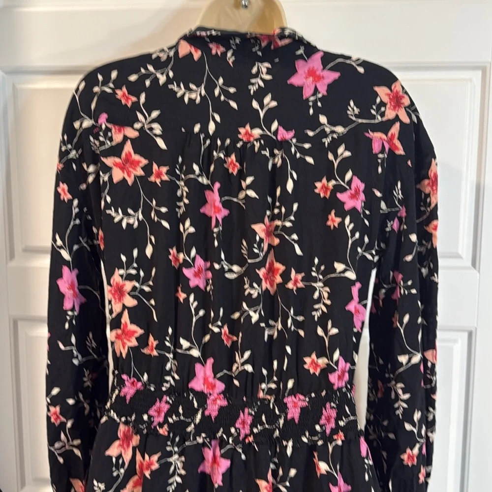 Free People Lighten-Up Mini Dress Black Floral Print Long Sleeve XS